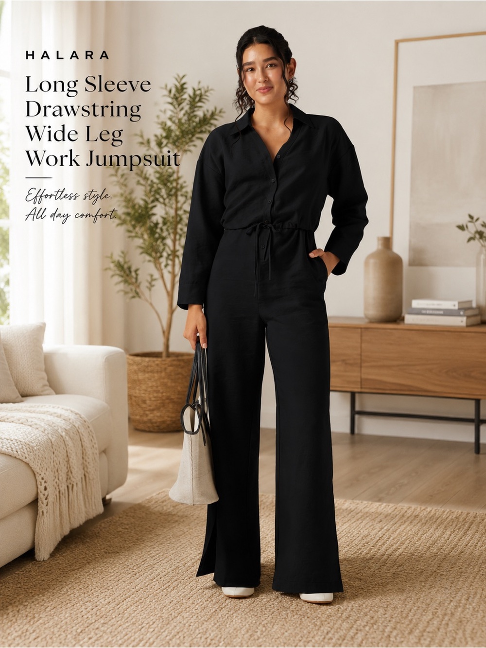 Halara Long Sleeve Drawstring Wide Leg Work Jumpsuit with Pockets Black‎ Medium
